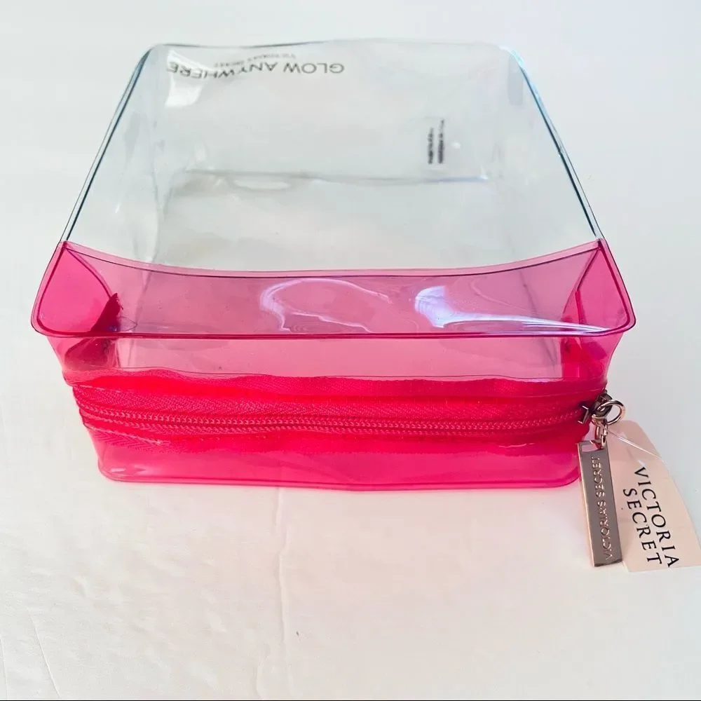 NWT Victoria’s Secret Clear / Pink /Gold Signature Hardware Makeup Zipper Bag